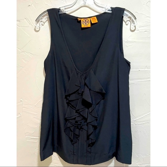 Tory Burch Womens Sz 6 Black 100% Silk Ruffled Front Blouse Tank Top Cami V Neck - Picture 1 of 7